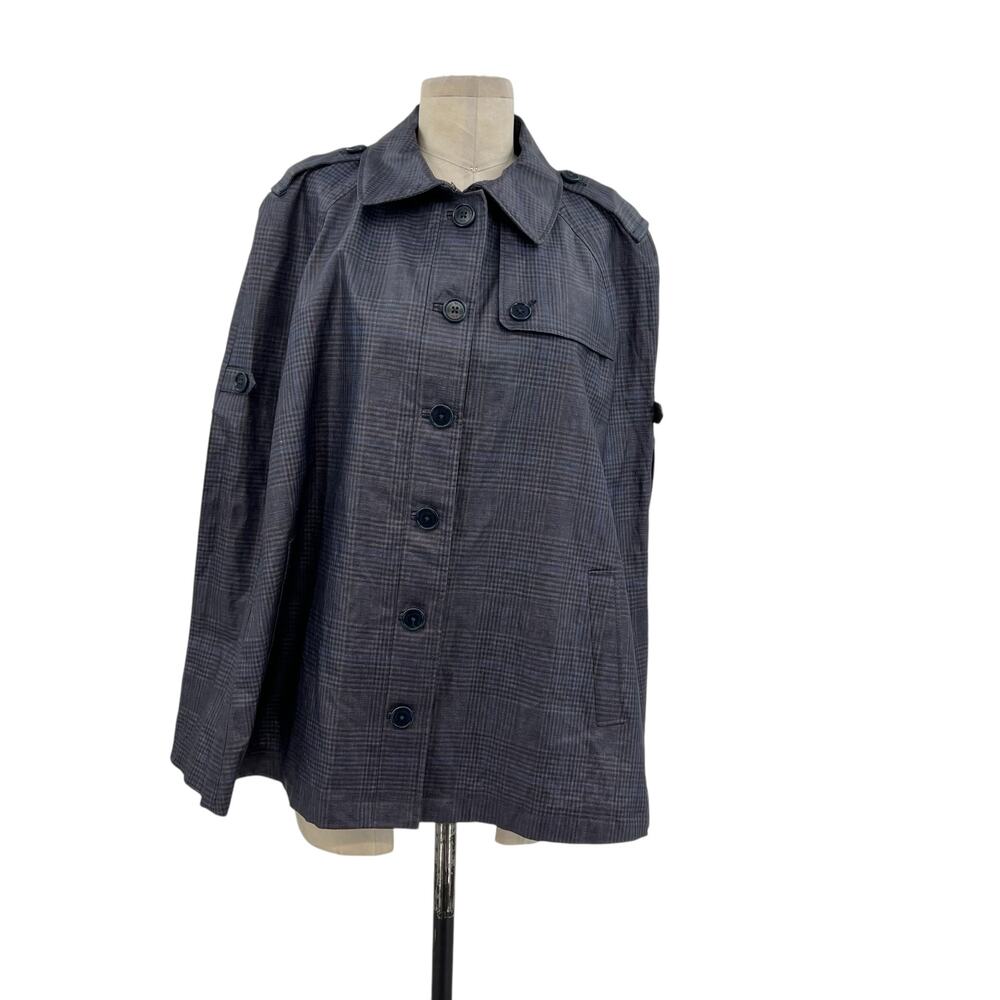 Brooks Brothers Cape Jacket Coated Plaid Check Print Linen Blue Size Large‎